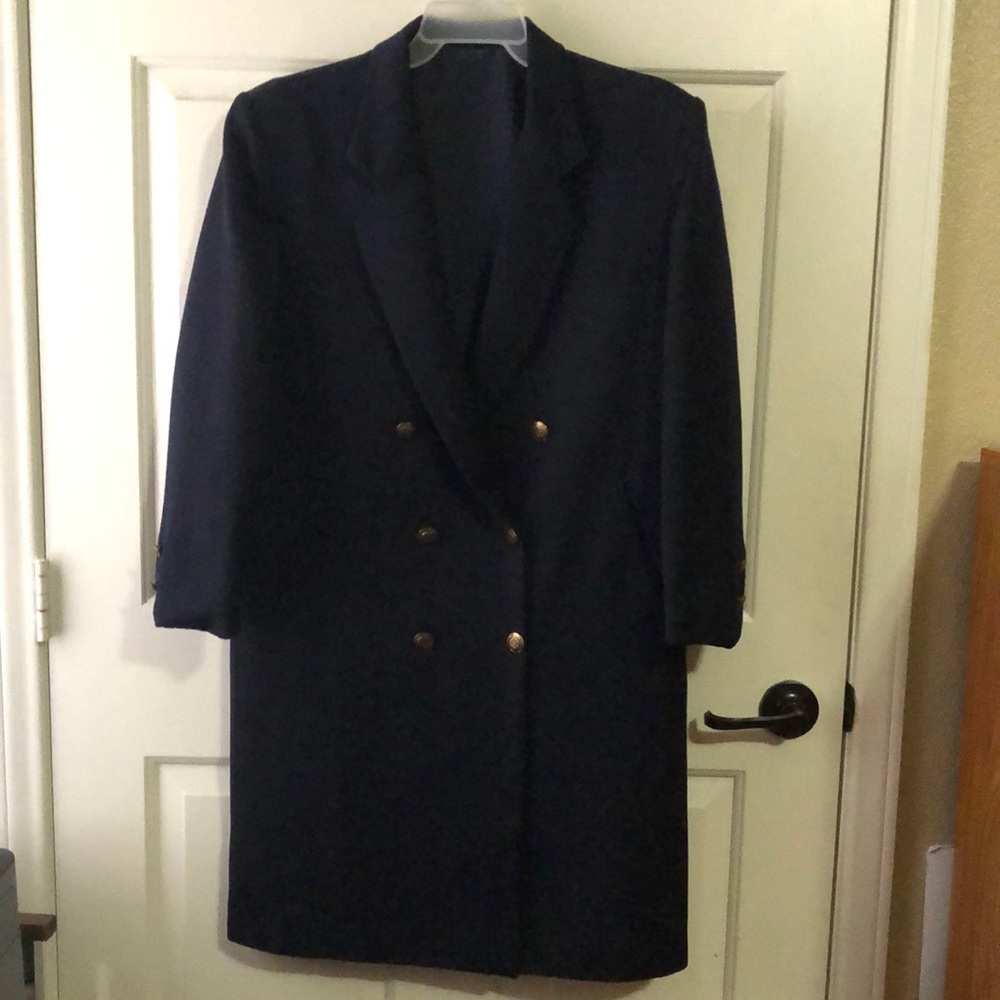 R&A Creations Vintage Pea Double Breasted Coat Women 12 Slash Pockets Navy Blue